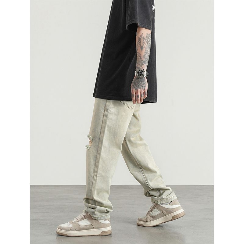 Americké pouliční prané staré zažloutlé volné džíny pánské univerzální střih ležérní výklenku smažené pouliční dlouhé kalhoty