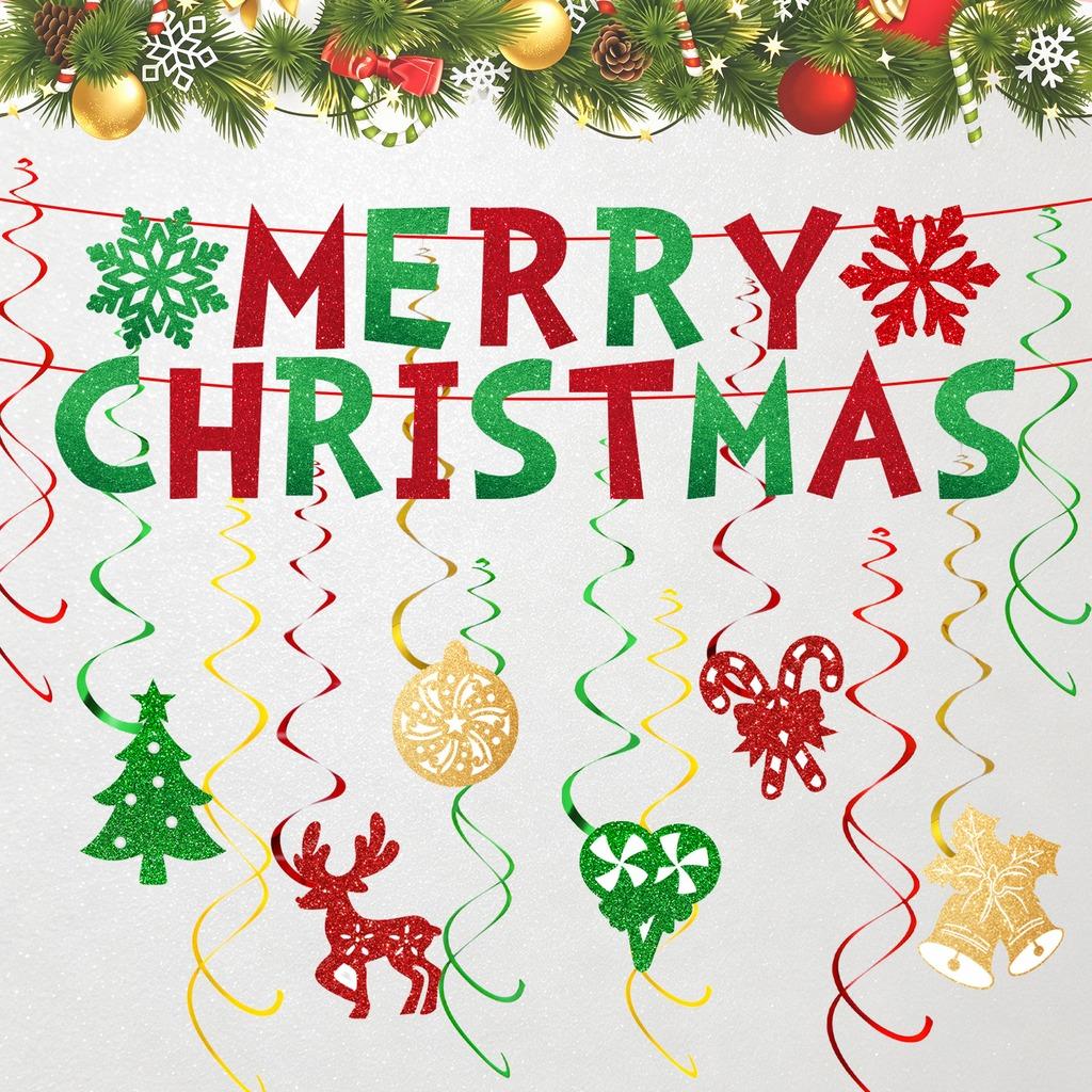Pom Poms Glitter Christmas Hanging Decorations Honeycomb Balls Classic Spiral Hanging Decor For New Year Party Office Holiday