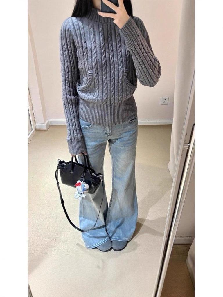 Women's Light Blue Low-Waist Micro-Flare Jeans: Slimming, Flattering, Wide-Leg, Floor-Length Pants for Autumn