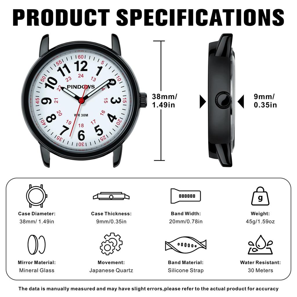 PINDOWS Unisex Analog Quartz Watch for 30m Water Military Time Luminous Dial for Easy Visibility Women's Watch, Students, Resistant, Display,