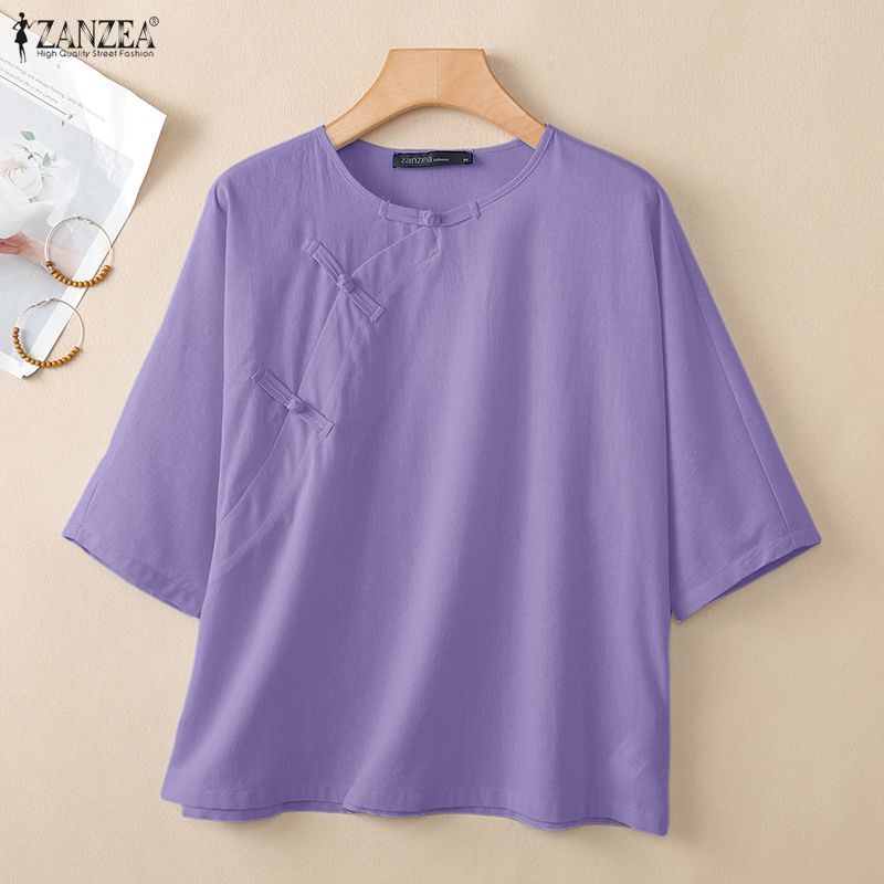 ZANZEA Women Casual Round Neck Solid Color Loose Half Sleeve Blouse