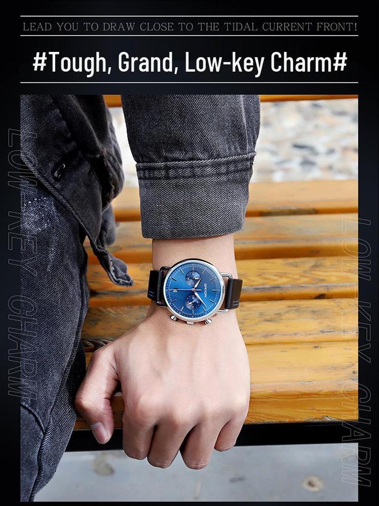 Sanda 1033 Men's Quartz Watch: Trendy Design with Leather Strap & Small Seconds Hand