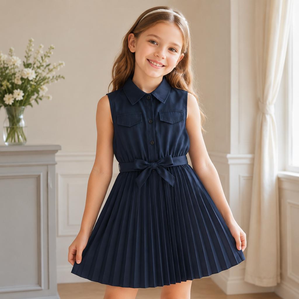 Girls' Clothing European And American Style New Spring-Summer Collection Elegant Sleeveless Dress With Tie Waist And Pleated Design For Older