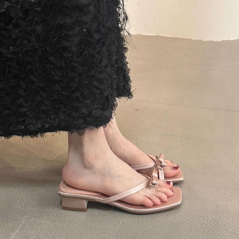 Thick heel bow slippers fairy outer wear 2025 new summer French beautiful small sandals toe vacation sandals