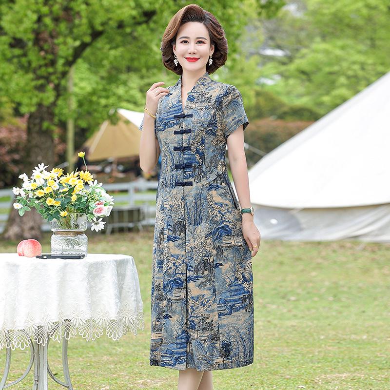 Elegant Vintage Chinese Style Silk Dress for Mature Women