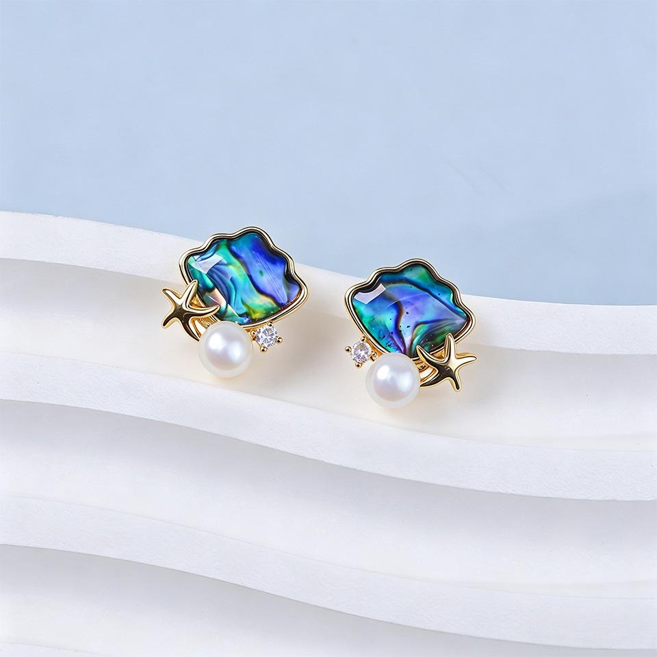 Color Abalone Shell Natural Freshwater Pearl Stud Earrings Women's Earrings Silver Needle High-end Jewelry