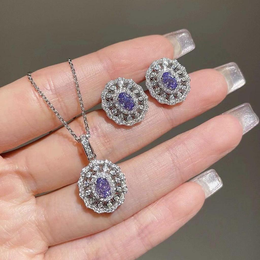 Retro Court Style Purple Diamond Ring Necklace & Earrings Set