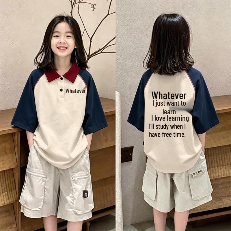 Girls' Loose Cotton Color Block Polo Shirt - Summer 2026 Trendy Short Sleeve Top for Medium and Large Children