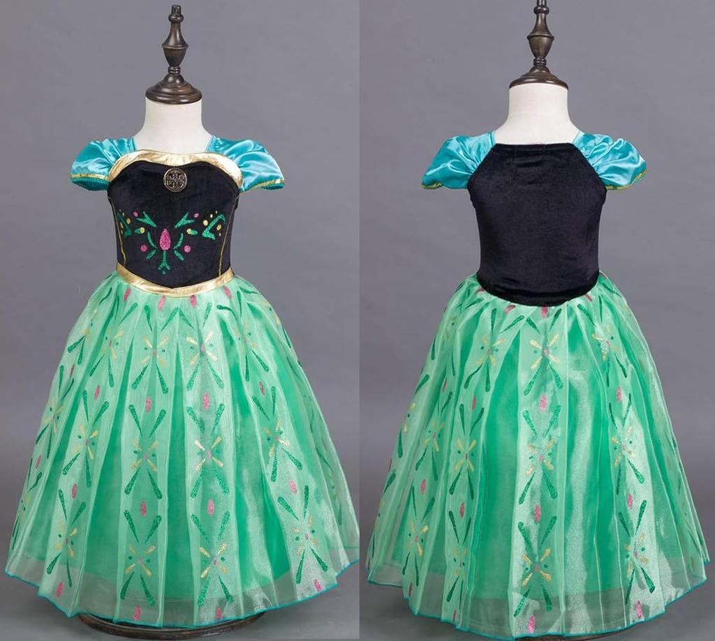 ANONIE Princess Dress Cosplay One Piece Kids Costume Frozen Anna Dress Girls Princess Birthday Christmas Gift Luxury 6 Piece Set Green 110-3
