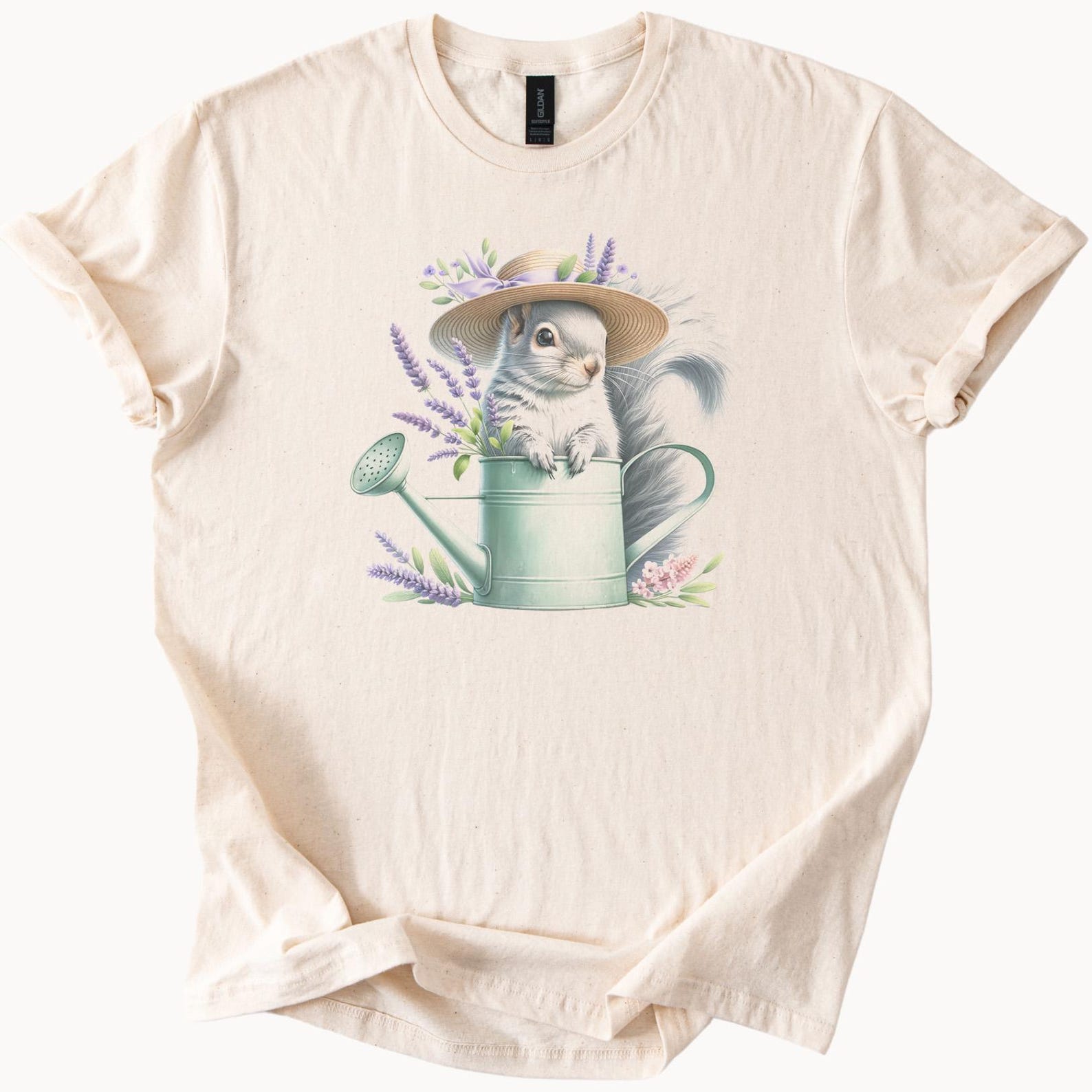 Cute Squirrel Wearing Straw Hat in Watering Can with Lavender Flowers Graphic T Shirt Animal Garden Nature Art Tee Gift 150