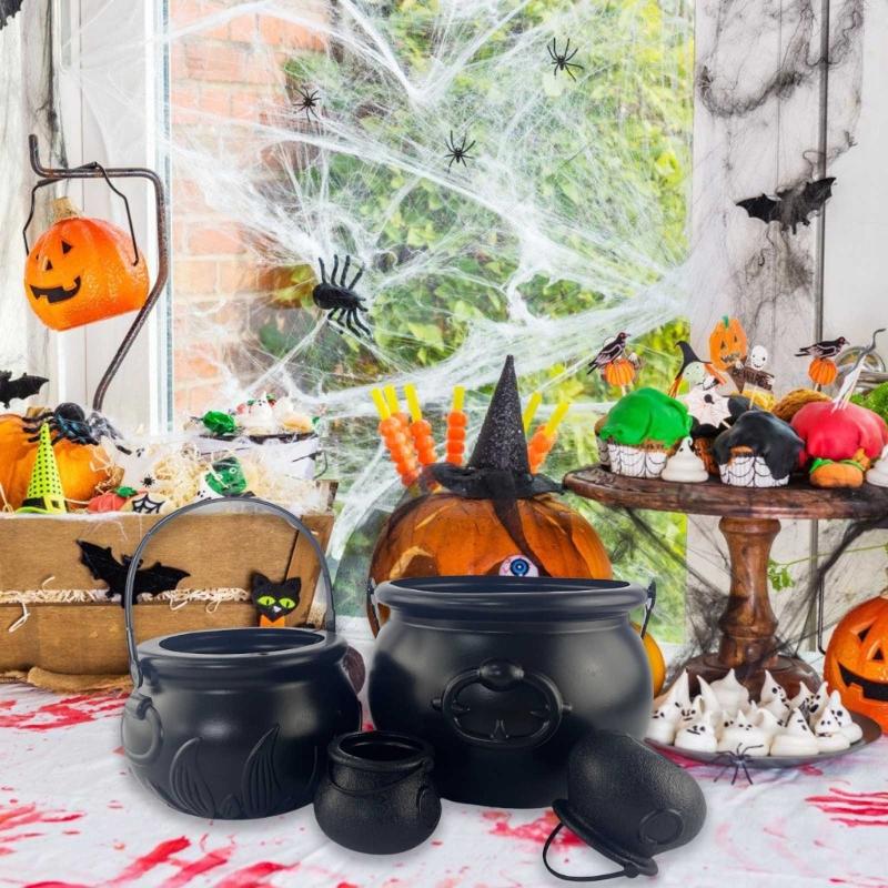 Pack Of 4 Large Black Witch Cauldron Kettles, MultiSize Candy Holders for Halloween & Patrick's Day Party Decors