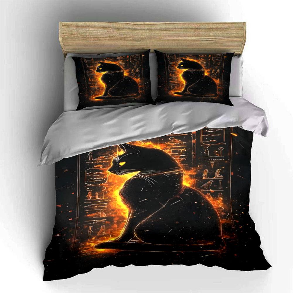 Black cat, fiery hieroglyphs. Bedding sets Duvet cover sets Duvet covers Pillowcases(1 * Duvet Cover 2 * Pillowcases without duvet insert)