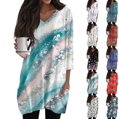 Women's Casual 3/4 Sleeve Shirts Fashion Print Tunic Tops With Pockets