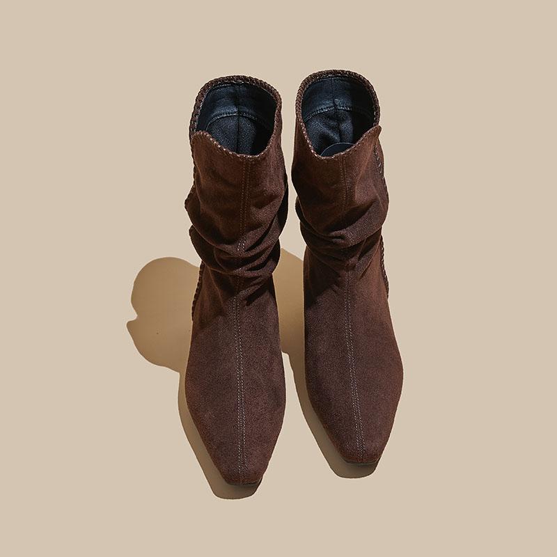 Mode AIYUQI 2025 Neue Damen Western Cowboy Stiefel Spitz, Plissierter Blockabsatz Damenstiefel Große Größe Vintage Stiefeletten weiblich