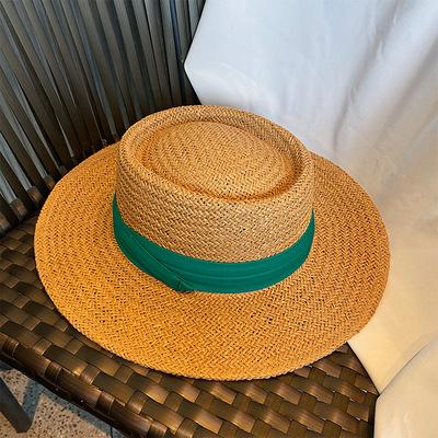 French Flat Top Hat Women's Summer Straw Hat Holiday Lafite Woven Beach Hat Internet celebrity Sunscreen Shade British Top Hat