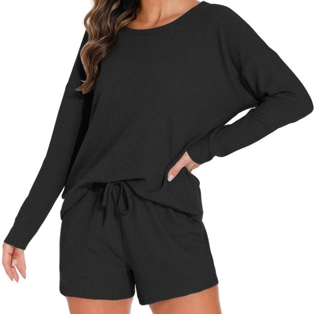 Waffle knitted women s pajamas set long-sleeved tops and shorts with casual suit can be worn outside loungewear S