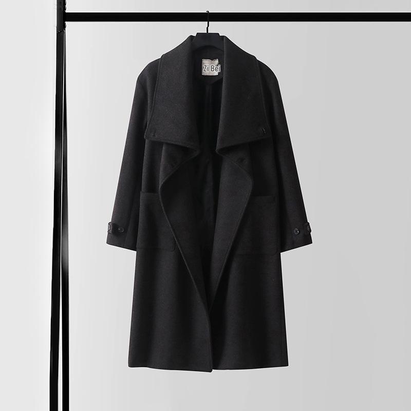 Men's Asymmetrical Long Cashmere Coat with Stand Collar and Belt - Plus Size, Loose Fit Outerwear for Autumn and Winter.
