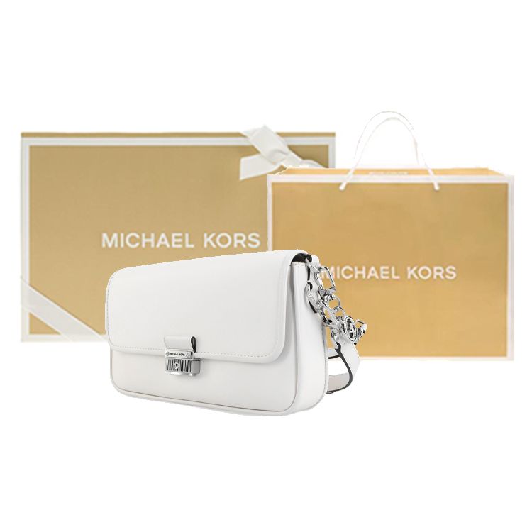 Michael Kors MK Bradshaw Solid Color Minimalist Flap Commuter Chain Leather Baguette Shoulder Bag Women Shoulder Bag Pure-White 30S1S2BL1L-085