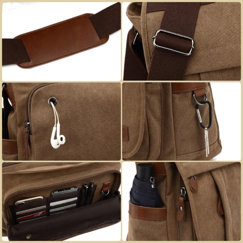 AUGUR Geantă clasică pentru bărbați, de culoare solidă, geantă retro din pânză de afaceri, care poate pune laptopul, geantă practică multifuncțională cu orificiu pentru căști