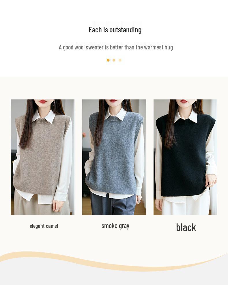 Women's Ribbed Knit Wool Vest - Round Neck Sleeveless Cardigan, Loose Fit Versatile Layering Top