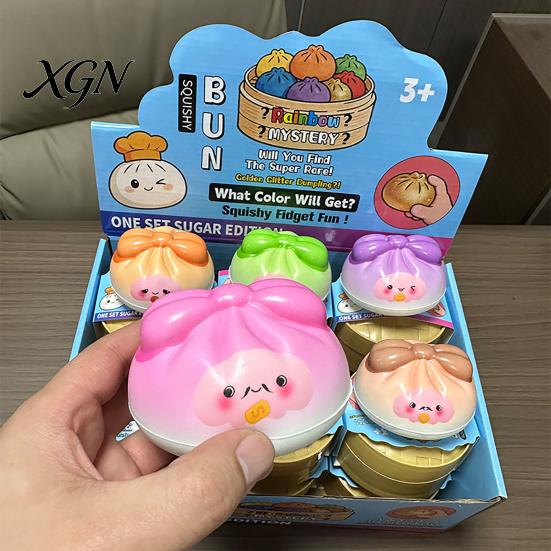 Portable Stress Reliever 12Pcs Cartoon Bow Dumpling Squeeze Toy with Steamer Box, Slow Rebound Decompression Steamed Bun Sensory Toy, Dough