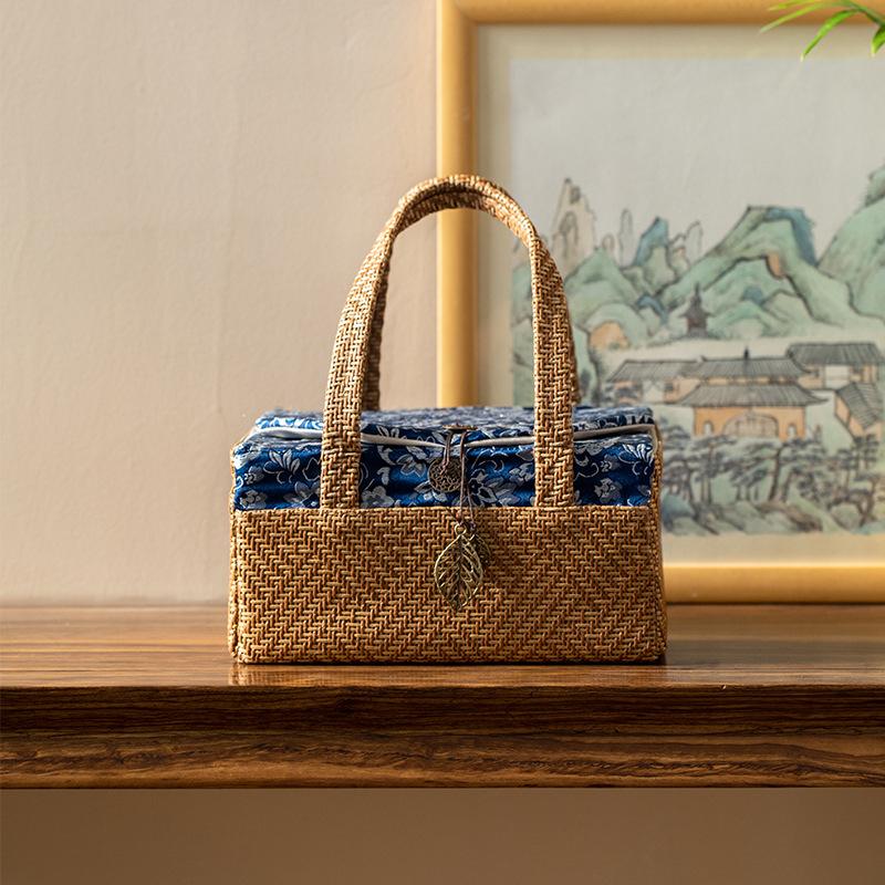 

Blue Floral Rattan Tea Travel Bag Set - Portable Storage for 1 Teapot & 2/4/6 Cups, Chinese Style Tea Ceremony Organizer