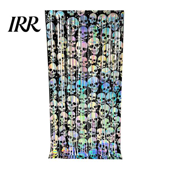 Halloween Background Skull Foil Fringe Curtain, Iridescent Disposable Tablecloth, Tinsel Curtain Table Cover Backdrop for Holiday Party Decoration