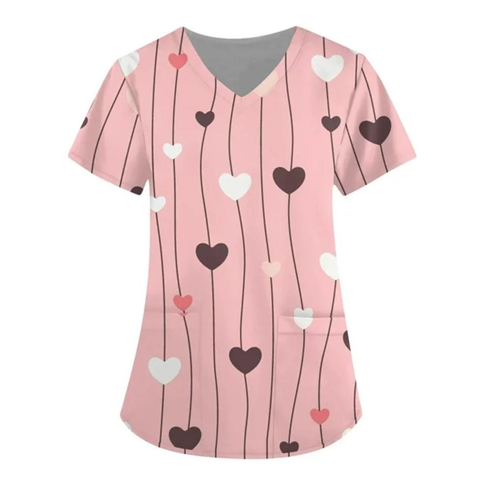 Nurse Uniform Women Valentines Day Love Print Gradient Short Sleeve Pocket Work Shirt Tunics Uniform Medical Nursing Scrubs Tops