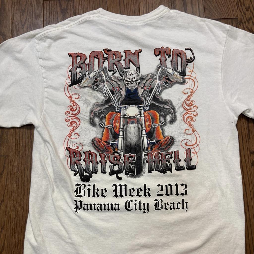 Vintage Panama City Bike Week T Shirt Men’s M Y2K Skeleton Biker Flames FLAWED