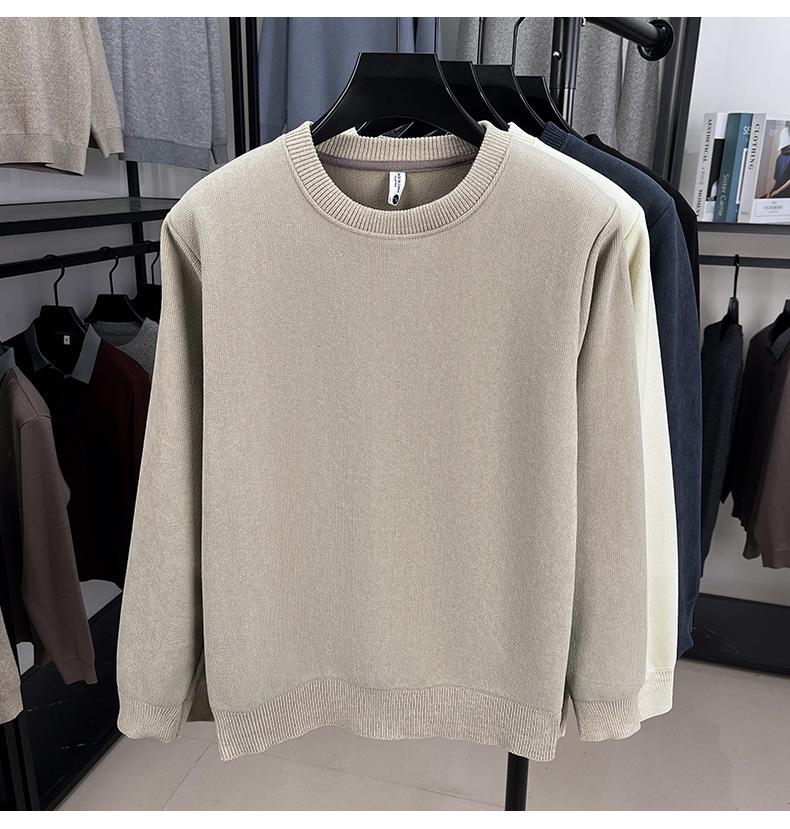 Men's Winter Warm Velvet Knit Pullover Sweater - Solid Color, Round Neck, Versatile Layer