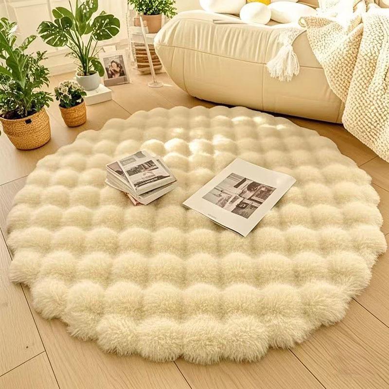 Cream Bubble Velvet Round Rug - Minimalist Style, Perfect for Living Room Coffee Table or Bedroom, Rabbit Plush Texture.