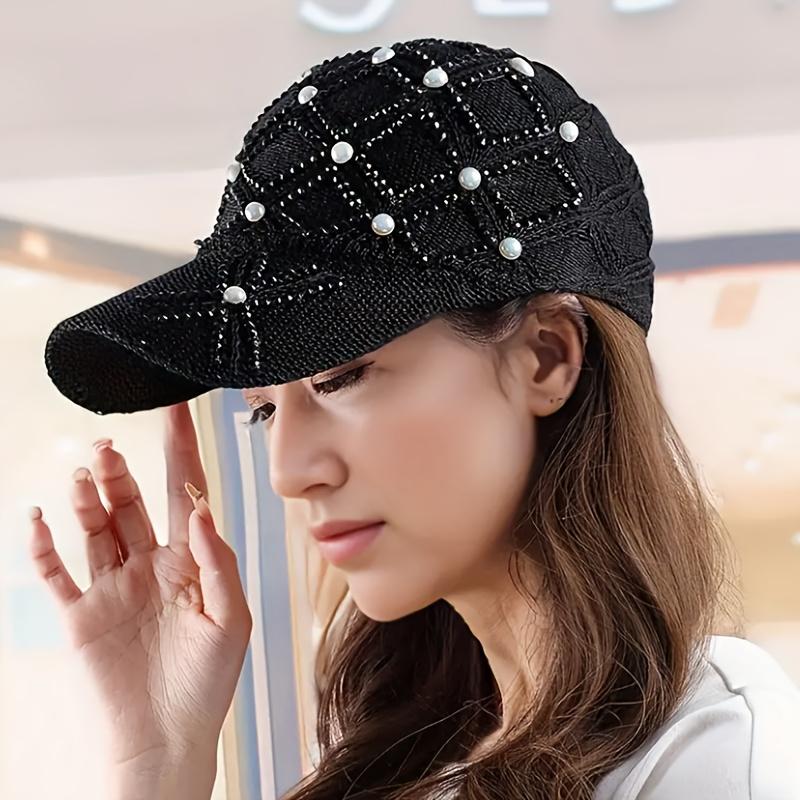1pc of Four-Leaf Flower Pearl Hat for Women, Stylish And Versatile with Pearl And Rhinestone Mesh, Adjustable Summer Baseball Cap