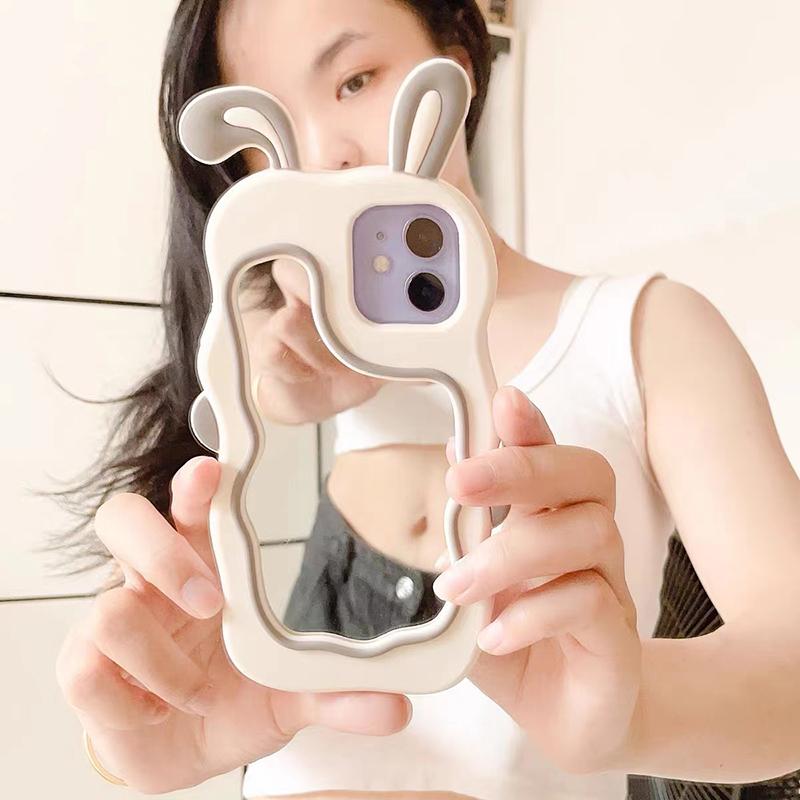 Korea 3d Cute Rabbit Ear Makeup Mirror Silicone Case For Iphone 14 13 11 12 Pro Max Xs Xr X 7 8 14 Plus Cartoon Shockproof Cover