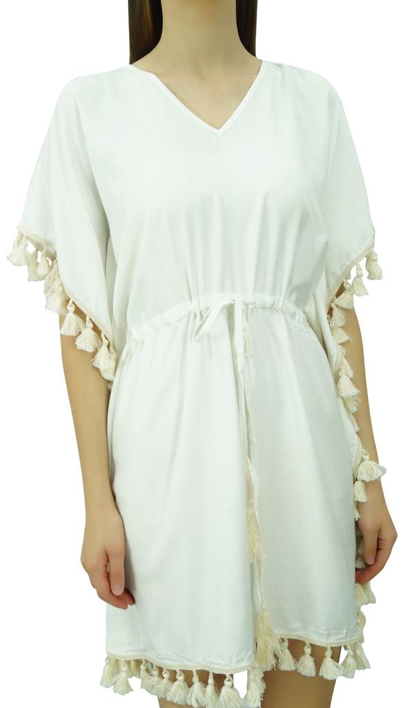 Bimba Women's V Neck Tassel Kaftan Short Rayon Caftan Designer Beachwear Coverup