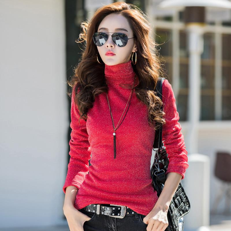 2024 New Winter Boutique Women's Gold and Silver Velvet Thickened Turtleneck Bottoming Shirt Long-sleeved T-shirt One Piece Drop Shipping