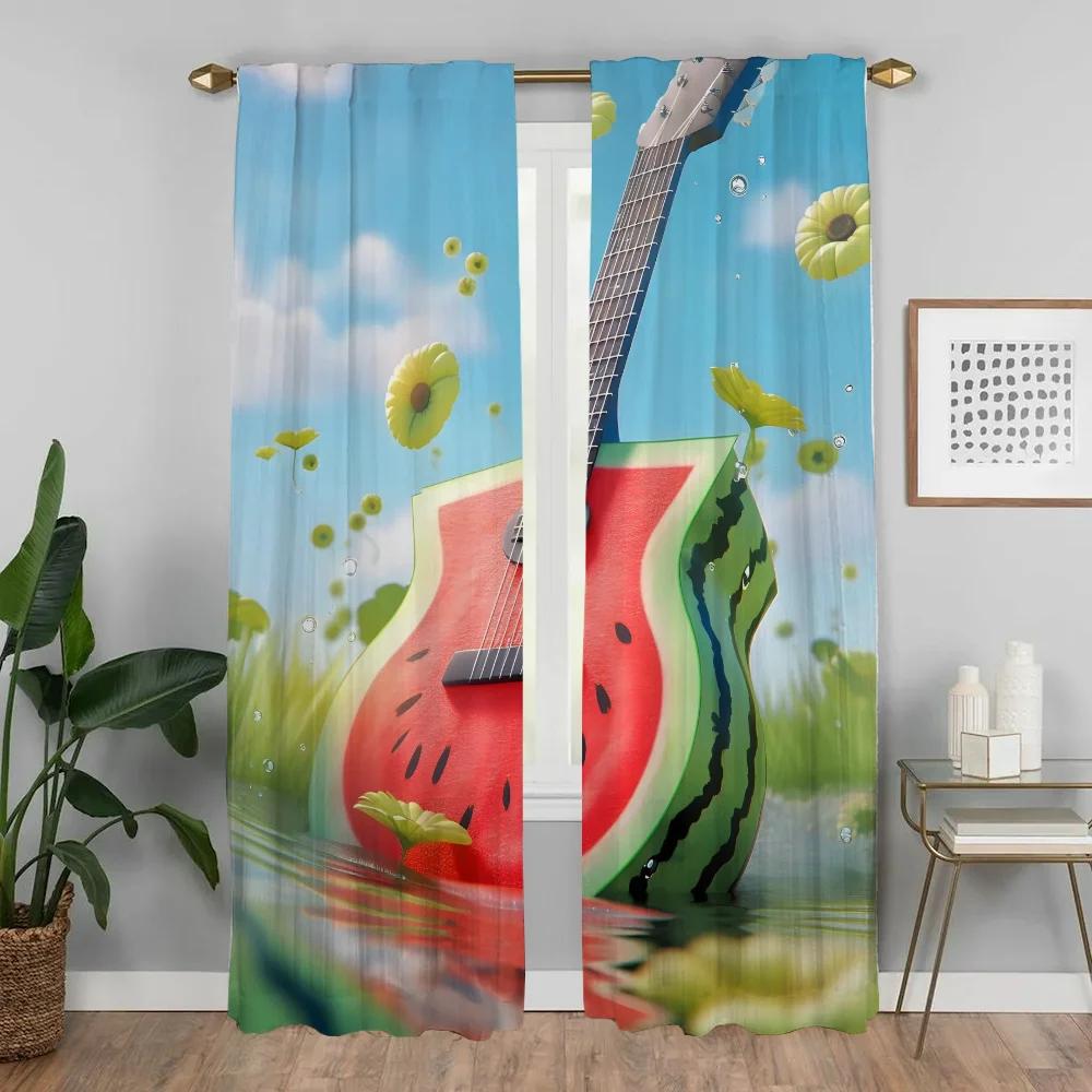 Cortina de janela de guitarra de melancia para sala 2 painéis cortinas anti-mosquito cortinas divisórias decoração de halloween tule para quarto