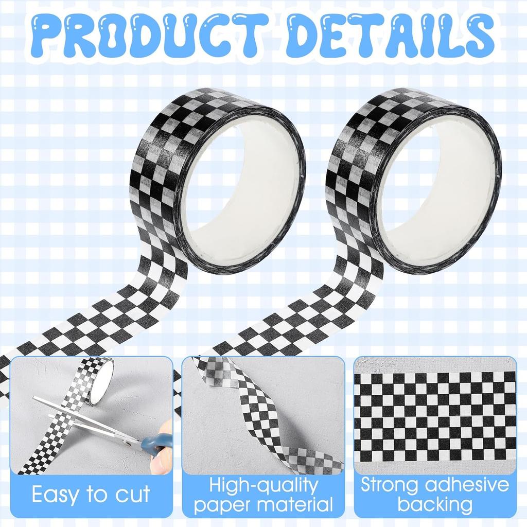 8 Rolls Plaid Washi Tapes, Black White Color Checkered Adhesive Masking Tape Classic Assorted Grid Decoration Stickers