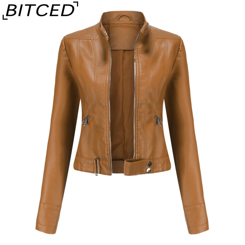 BITCED Lightweight Leather Jacket - Short-Sleeved Spring/Fall Stand-Up Collar Women's Leather Jacket