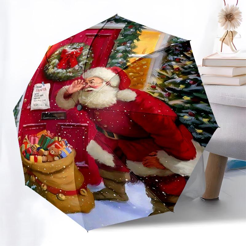 1pc Christmas Santa Claus Scene with Automatic Opening Umbrella, Portable Folding Design, 8-Rib Iron Frame Outdoor Umbrella, Festive Gift for Fans, Tr