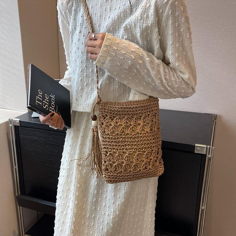 Genți Messenger pentru femei, cu ciucuri, cu umăr, geantă ocazională de plajă, cu paie, pentru femei Bolsa Feminina
