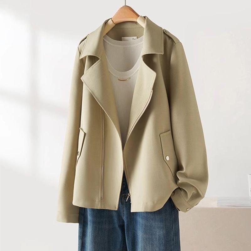 Casual Zip Up Jacket for Women Spring Autumn Slimming Trench Coat with Lining Simple and Elegant Style Petite