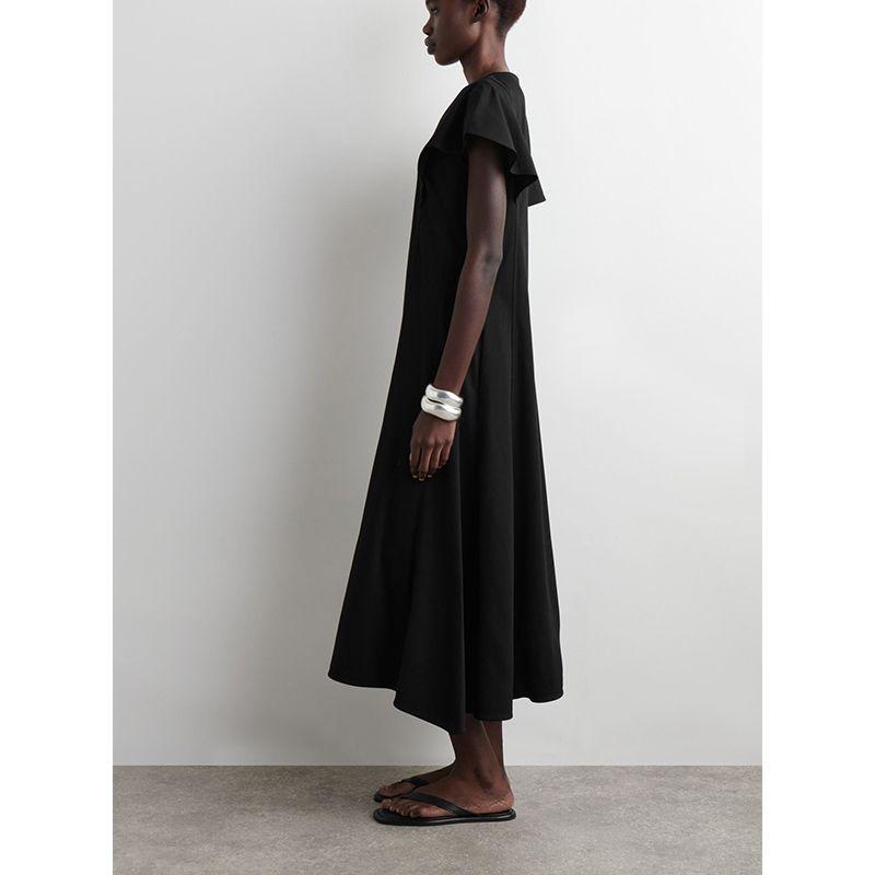 CS Summer New Product Women's Clothes Cotton Pleated V Neck Standard Edition Flounced Sleeve Mid Length Long Length Dress 1272841