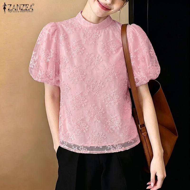 ZANZEA Women Stand Collar Loose Casual Lace Patchwork Short Sleeve Blouse