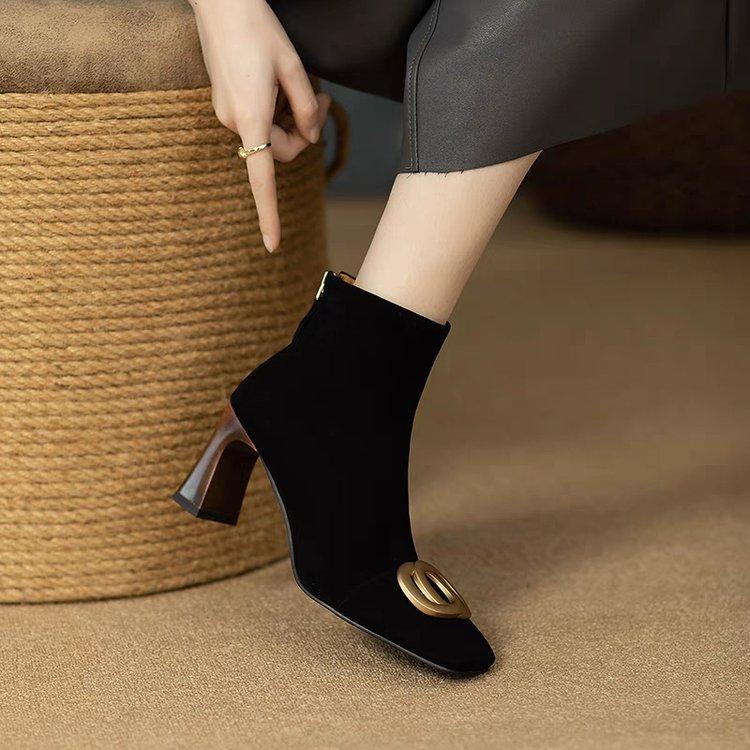 New Women's Ankle Boots Faux Dress Shoes Square Black Boots Mid-heel Zipper Elegant Winter Fashion Boots
