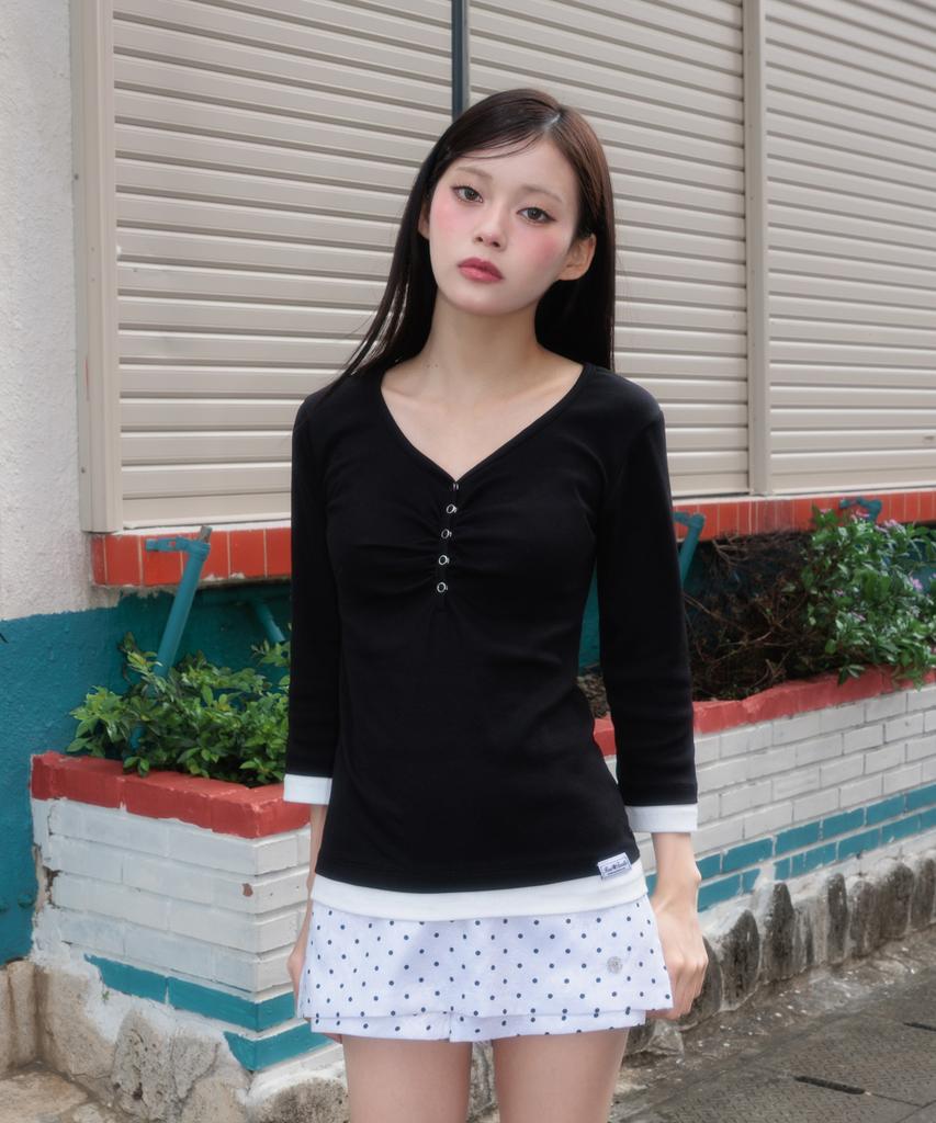 ROSEFRANTZ Shirring Button Layered Long Sleeve [Black]