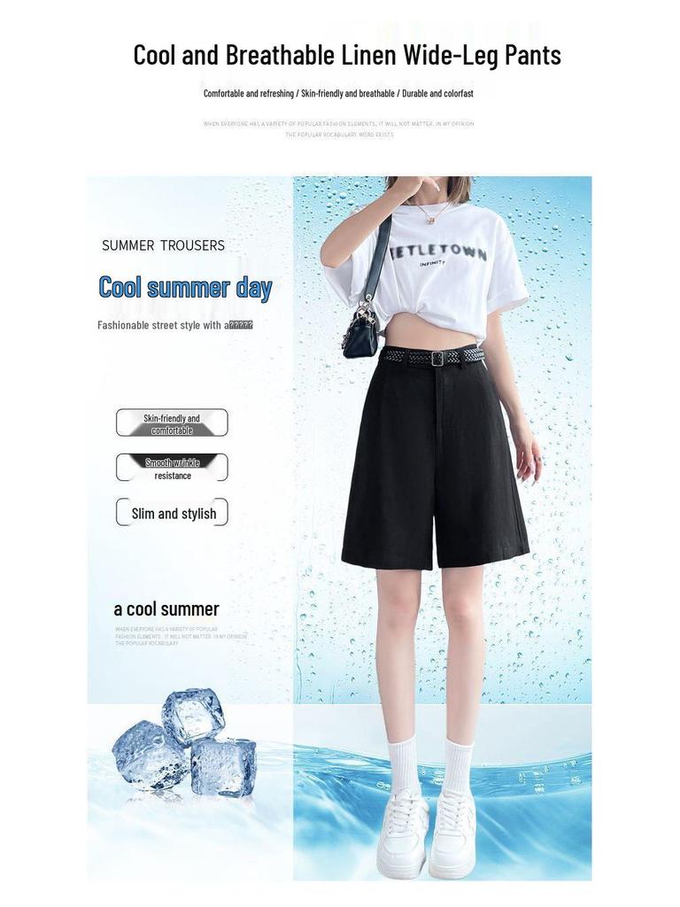 High-Waisted Tencel Linen Wide-Leg Shorts - Casual A-line Summer Style for Women