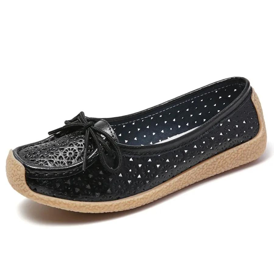 Women's Leather Large-sized Sandals, Summer Casual Flat, Lightweight, Perforated, Breathable and Anti-slip Loafers for Mothers
