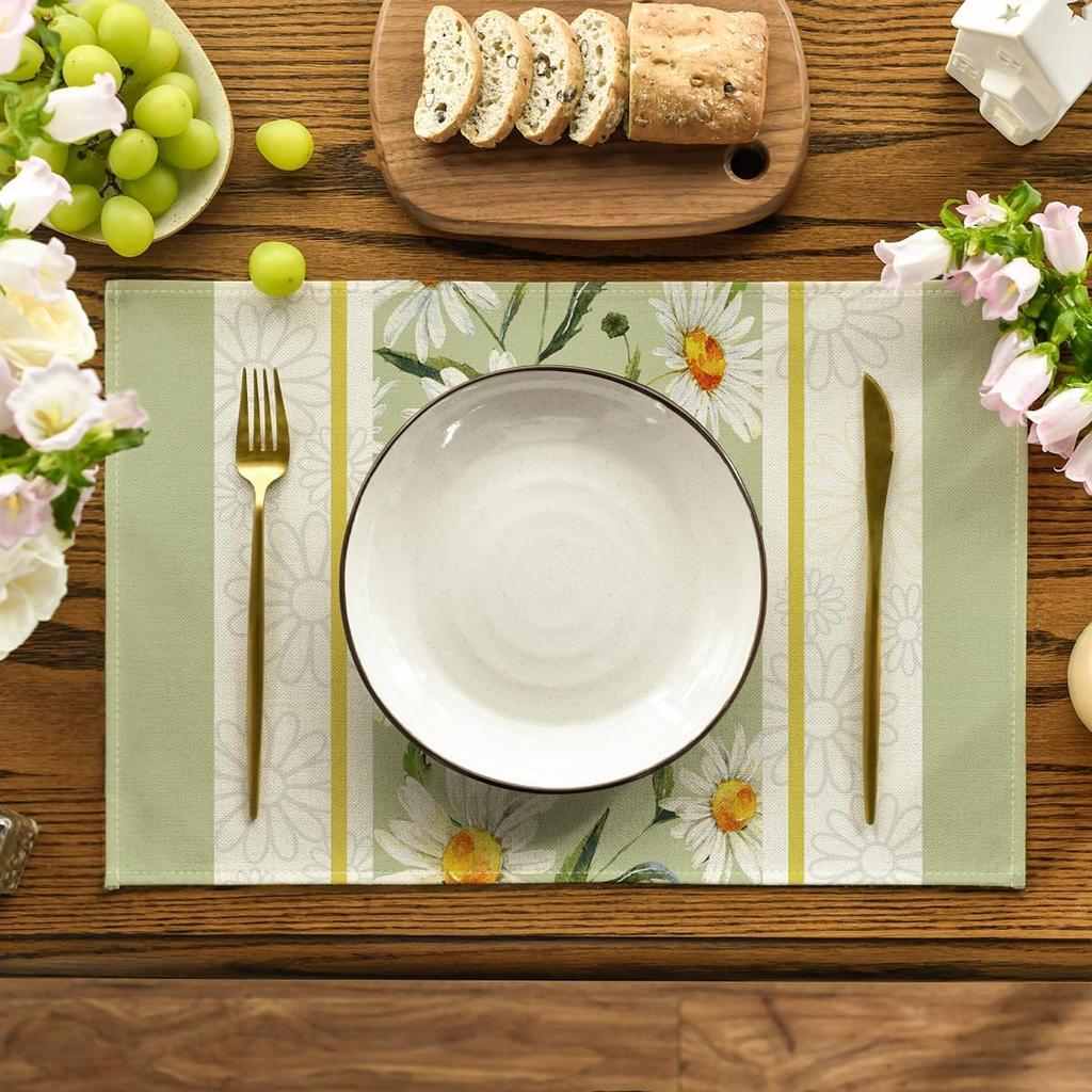 Eucalyptus Leaves Daisy Vase Placemats for Dining Table, 12 X 18 Inch Spring Easter Summer Seasonal Table Mats Set of 4 Green