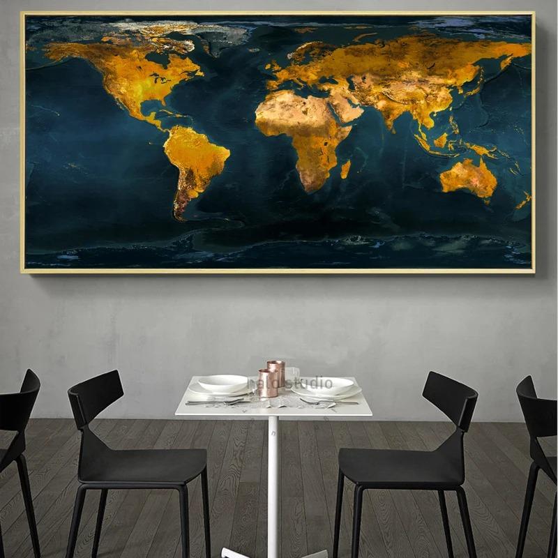 Goldene Weltkarte Bilder Poster und Drucke Wand Kunst Leinwand Gemälde für Wohnzimmer Dekoration Cuadros Home Decor Kein Rahmen
