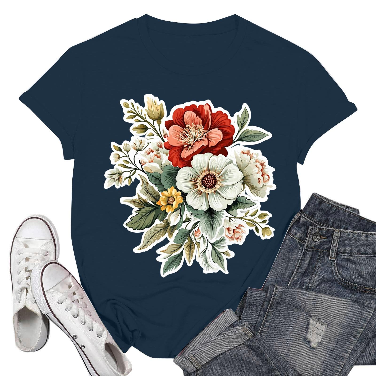 

Женские модные повседневные пуловеры с короткими рукавами и круглым вырезом с принтом XL тёмно-синий